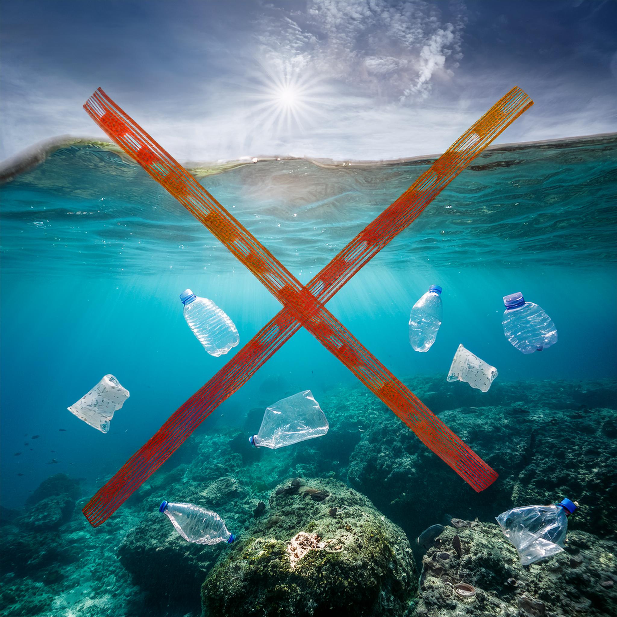 Plastikmüll im Meer. Es schwimmt Müll im Meer und das ist durchgestrichen.